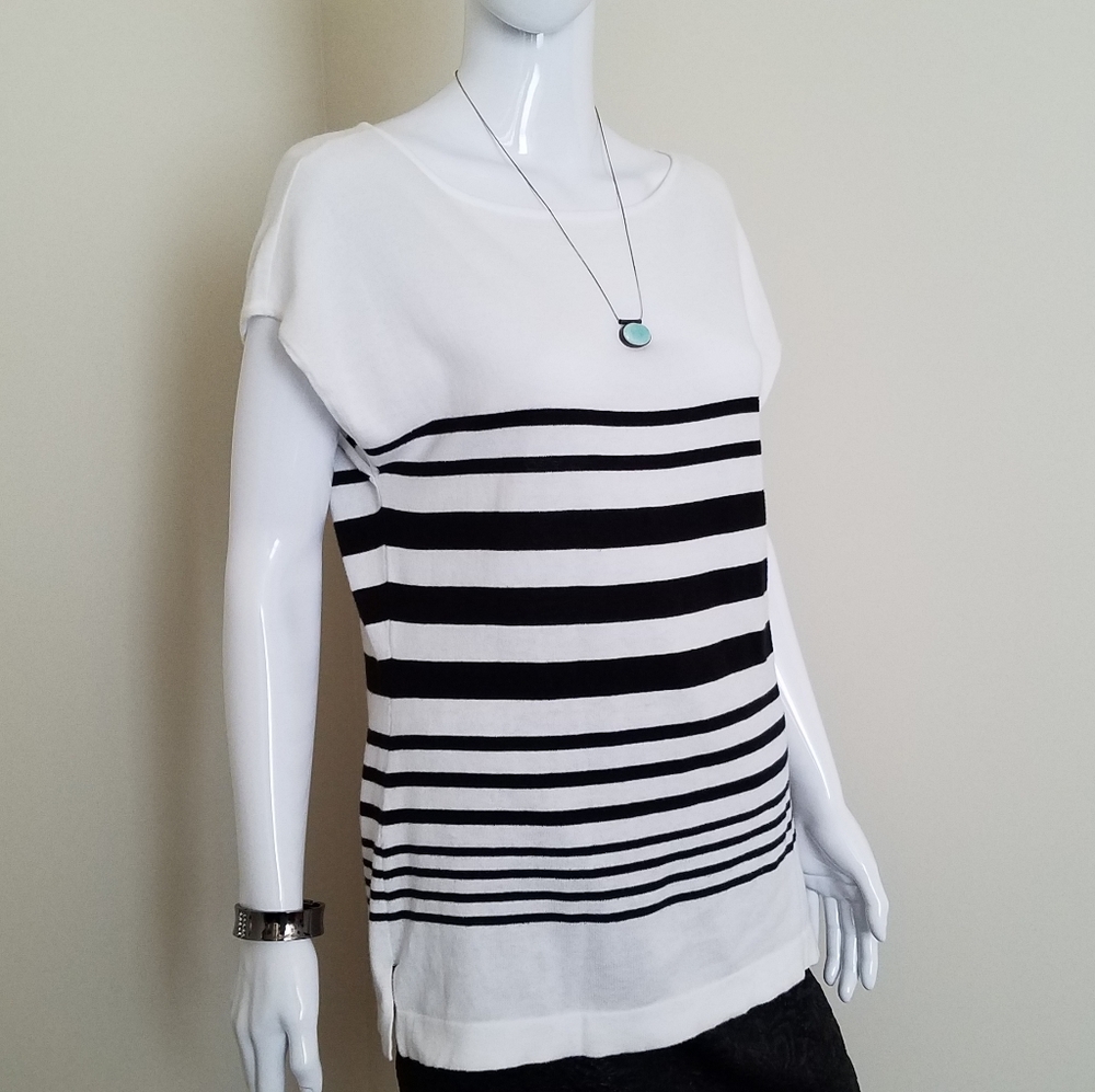 Chaps Black & White Multi-Width Stripe Cap Sleeve Knit Top Size L
